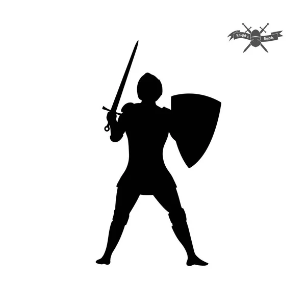 Silueta negra de caballero con espada sobre fondo blanco. Icono del soldado medieval — Vector de stock