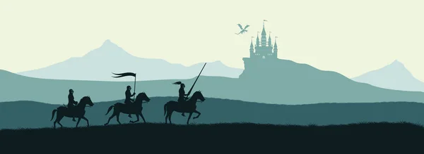 Silueta negra de caballeros sobre fondo de castillo atacado por dragón. Paisaje de fantasía. Panorama medieval — Vector de stock
