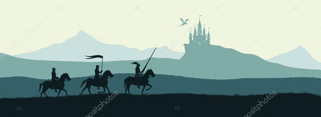 Black silhouette of knights on background of castle attacked by dragon. Fantasy landscape. Medieval panorama