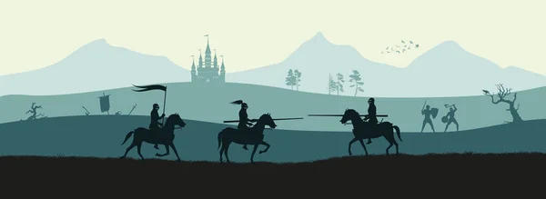 Zwarte silhouet van ridders op achtergrond van middeleeuwse slag. Fantasie landschap. Bestrijding van panorama — Stockvector