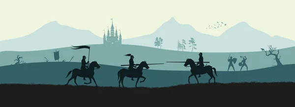 Silueta negra de caballeros sobre fondo de batalla medieval. Paisaje de fantasía. Panorama de combate — Vector de stock