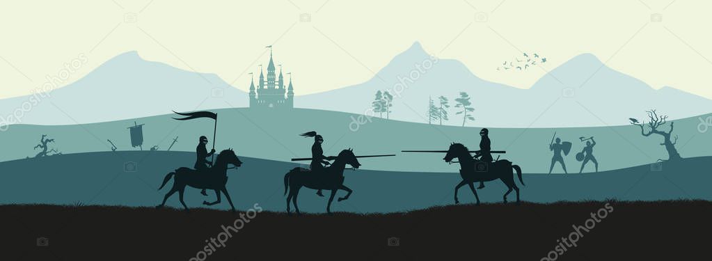 Black silhouette of knights on background of medieval battle. Fantasy landscape. Combat panorama