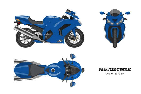 Blaues Motorrad im realistischen Stil. Seiten-, Draufsicht und Frontansicht. Detailliertes Bild des Fahrrads auf weißem Hintergrund — Stockvektor