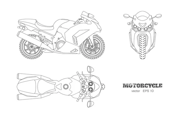 Översiktsritning av motorcykel. Sida, topp och framifrån. Detaljerade isolerade blåkopia av motorcykel på vit bakgrund — Stock vektor