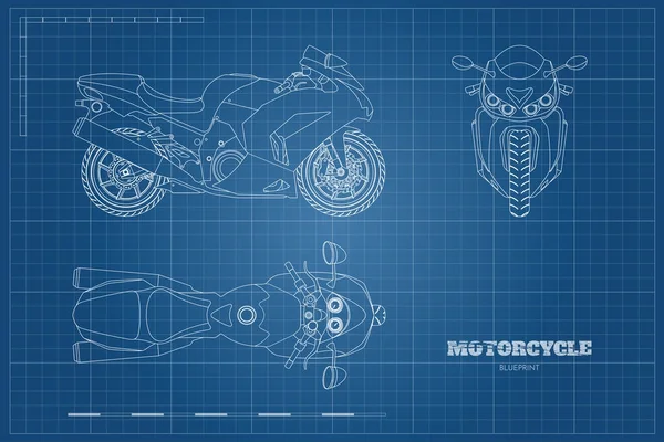 Motosiklet çiziminin anahat. Yan, üst ve ön görüntüleyin. Motosiklet mavi arka plan üzerinde detaylı planı — Stok Vektör