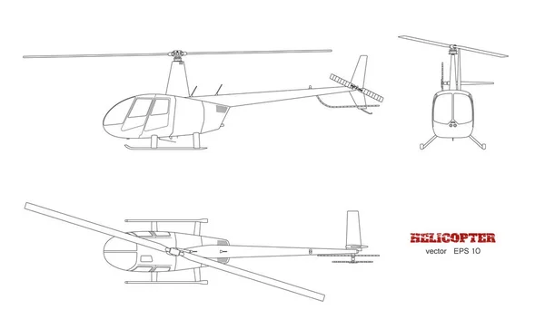 Cetak biru helikopter. Atas, depan dan samping tampilan. Gambaran rinci dari kendaraan bisnis. Industri diisolasi gambar. Helikopter dengan gaya outline - Stok Vektor