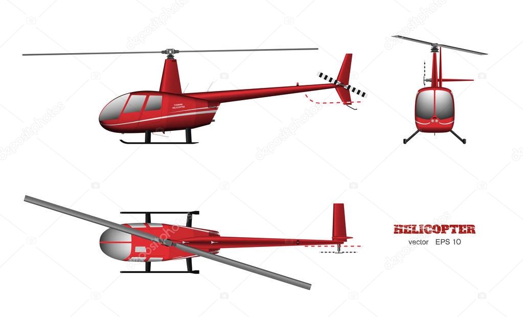 Red helicopter. Top, front and side view. 3d image of business vehicle.  Industrial isolated drawing. Copter in realistic style