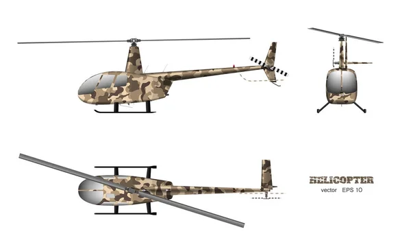 Helikopter militer dengan gaya realistis dengan latar belakang putih. Atas, samping, tampilan depan. Kendaraan udara tentara - Stok Vektor