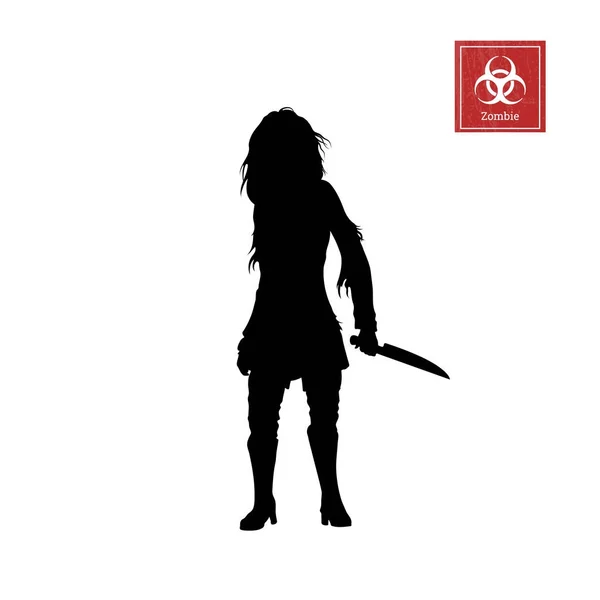 Zwarte silhouet van vrouwen zombie met mes op witte achtergrond. Geïsoleerd beeld van undead monster — Stockvector