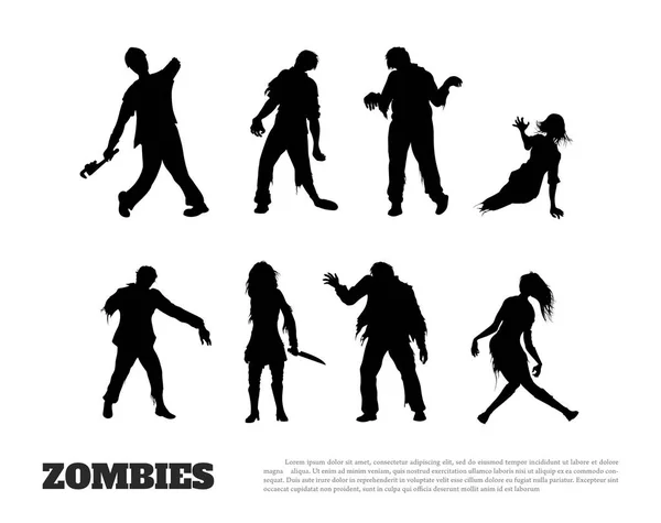 Set van zwarte silhouetten van zombies op witte achtergrond. Geïsoleerd beeld van undead monster — Stockvector