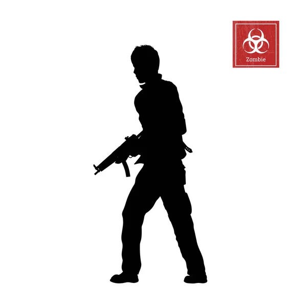 Silhouette noire d'homme avec fusil sur fond blanc. Tireur de zombies. Caractère pour jeu d'ordinateur ou thriller — Image vectorielle