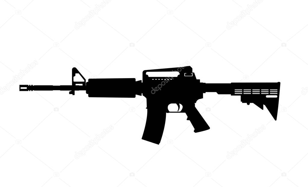 Black silhouette of machine gun on white background. Weapons of police and army. Vector illustration