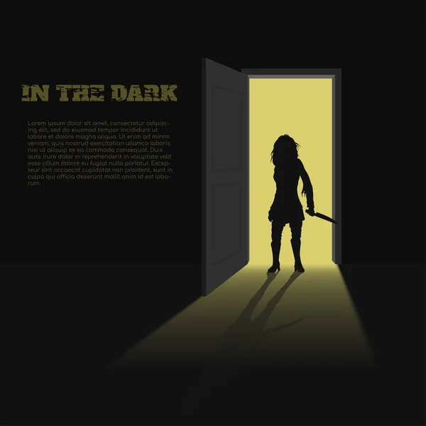 Zwarte silhouet van de vrouw met een mes in de hand op de achtergrond van de deur. Een poster voor boek, game of film. Een verschrikkelijke killer. Nachtmerrie zombies — Stockvector