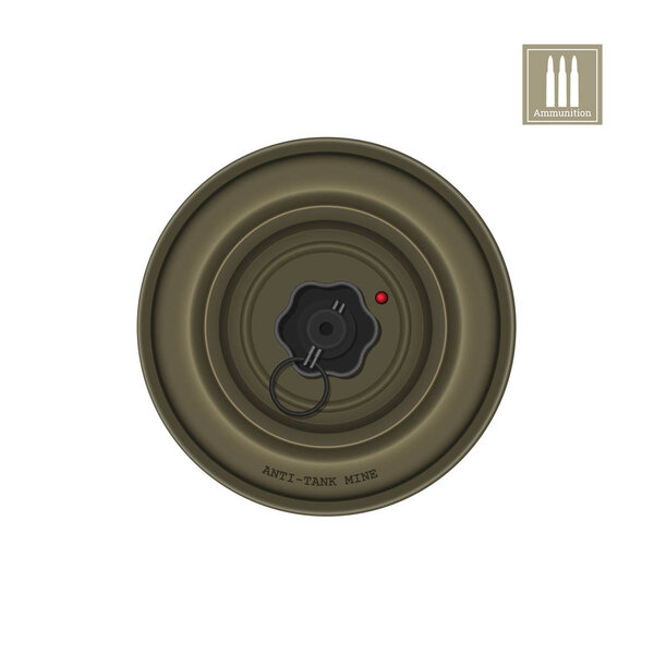 Detailed realistic image of anti-tank mine. Army explosive. Weapon icon. Military object