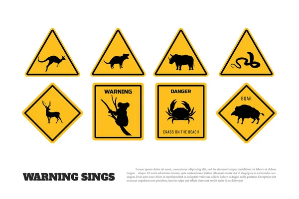 Djur gula varningsskyltar. Uppsättning av fara klistermärken och ikoner — Stock vektor