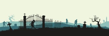 Black silhouette of zombies on cemetery background. Nightmare landscape with dead people. Panorama of undead monster and gravestone. Halloween clipart
