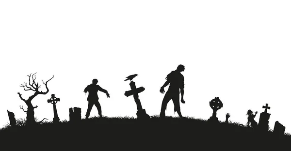 Zwarte silhouet van zombies op begraafplaats achtergrond. Nachtmerrie landschap met dode mensen. Panorama van undead monster en grafsteen. Halloween — Stockvector