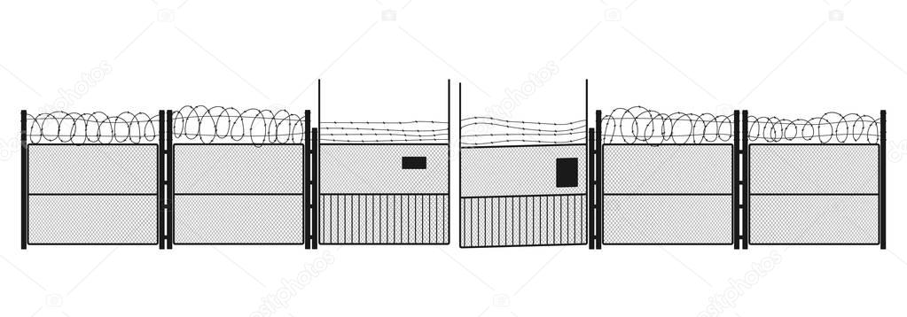 Black silhouette of prison on white background. Gates and steel grid. Symbol of freedom