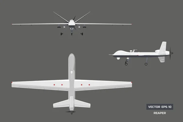 3D-Bild einer militärischen Drohne. von oben, von vorne und von der Seite. Armeeflugzeuge für Aufklärung und Angriff. Isolierte industrielle Zeichnung — Stockvektor