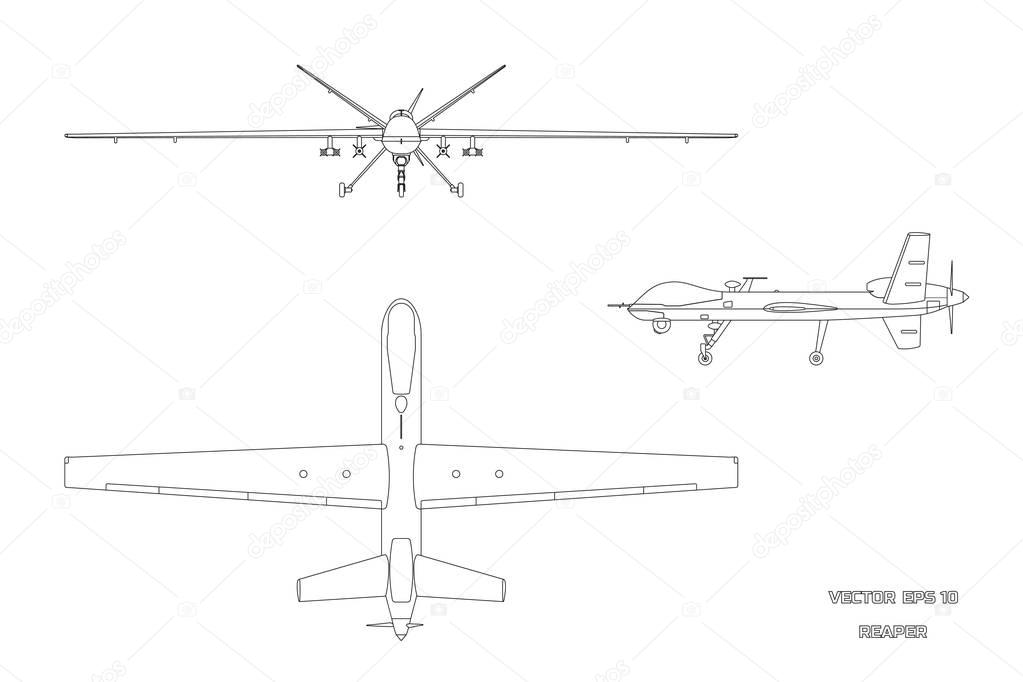 Outline image of military drone. Top, front and side view. Army aircraft for intelligence and attack.  Industrial isolated drawing. Vector illustration