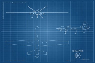 Planı anahat tarzı askeri dronun. En iyi, ön ve yan görünümü. Ordu istihbarat ve saldırı için uçak. Çizim izole sanayi