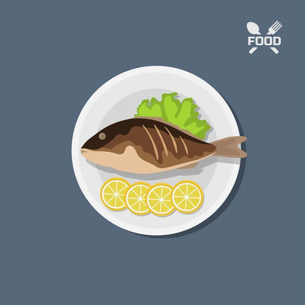 Icono de pescado frito con limón en un plato. Vista superior. Plato restaurante. Mariscos — Vector de stock