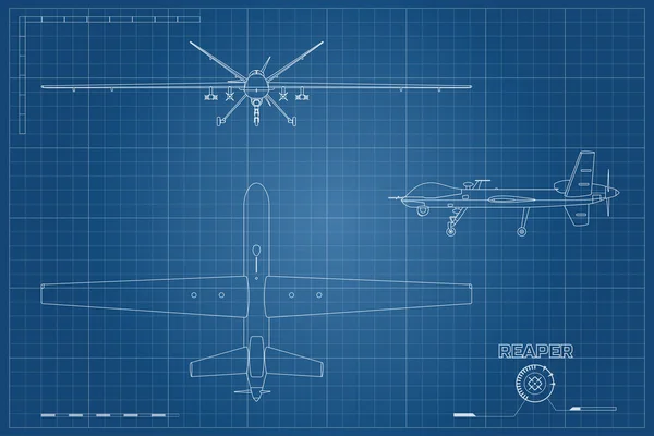 Blueprint of military drone in outline style. Top, front and side view. Army aircraft for intelligence and attack. Industrial isolated drawing — Stock Vector