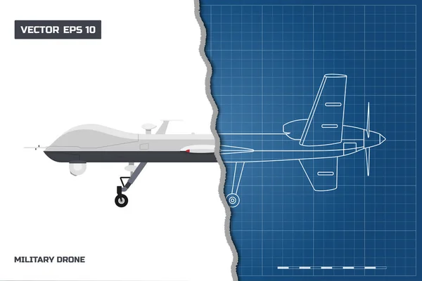 Blueprint of military drone in outline style. Side view. Army aircraft for intelligence and attack. Industrial isolated drawing — Stock Vector