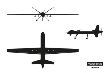 Askeri drone siyah silüeti. En iyi, ön ve yan görünümü. Ordu istihbarat ve saldırı için uçak. Çizim izole sanayi
