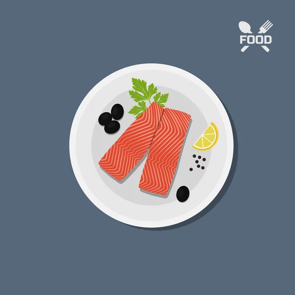 Icon of salmon fillet on a plate. Top view. Restaurant dish. Seafood. Pieces of red fish — Stock Vector