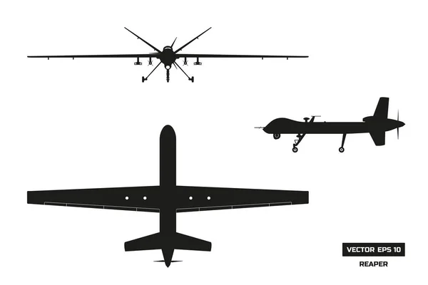 Siluet hitam drone militer. Atas, depan dan samping tampilan. Pesawat Angkatan Darat untuk intelijen dan serangan. Gambar terisolasi industri - Stok Vektor