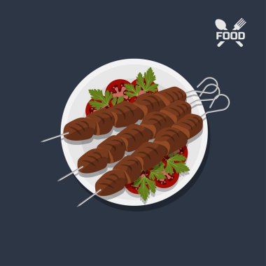 Icon of kebab with tomato on a plate. Top view. Restaurant dish. Meat food. Image of barbecue meal clipart