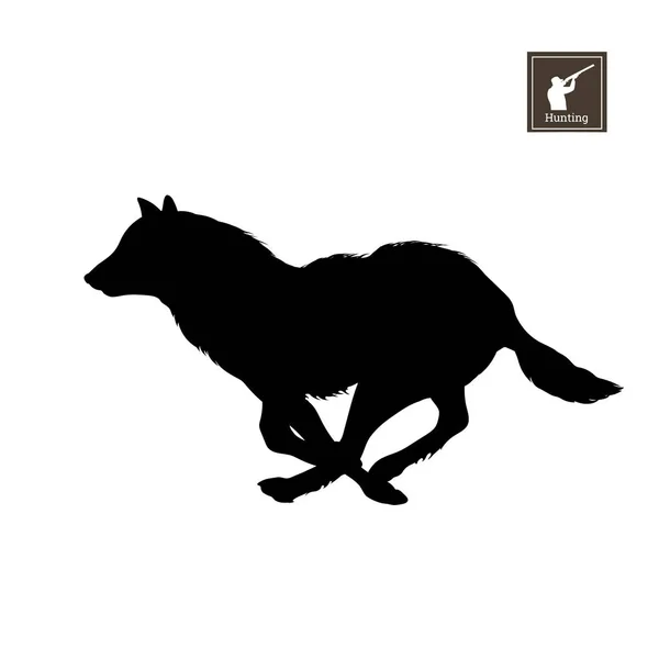 Futó Farkas, fehér alapon fekete sziluettje. Erdei állatok. Részletes elszigetelt kép — Stock Vector