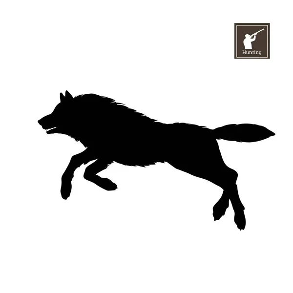 Silueta negra de lobo corriendo sobre fondo blanco. Animales del bosque. Imagen aislada detallada — Archivo Imágenes Vectoriales