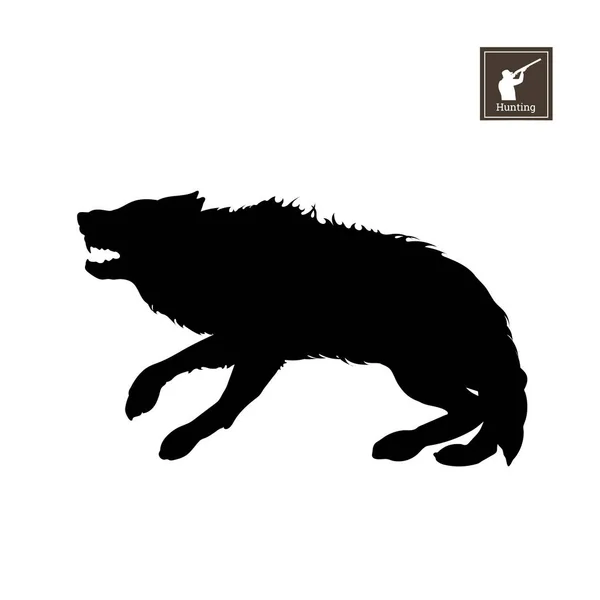 Silueta negra de lobo asustado sobre fondo blanco. Animales del bosque. Imagen aislada detallada — Archivo Imágenes Vectoriales