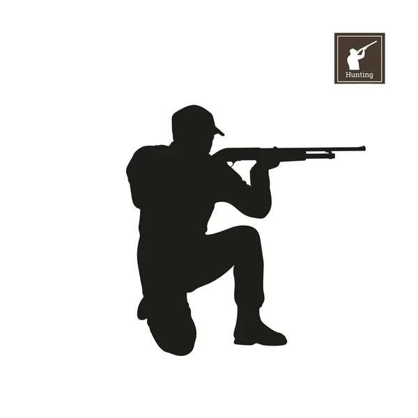 Silhouette noire de chasseur sur fond blanc. Icône de chasseur. Tireur avec fusil — Image vectorielle