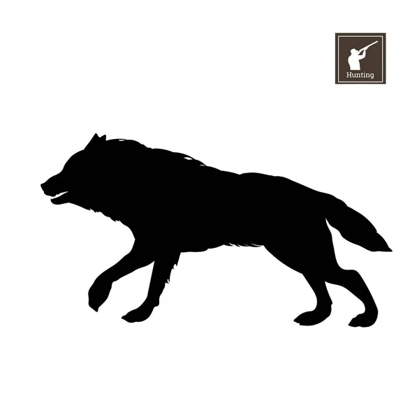 Czarna sylwetka uruchomione wilka na białym tle. Zwierzęta leśne. Szczegółowy obraz na białym tle — Wektor stockowy