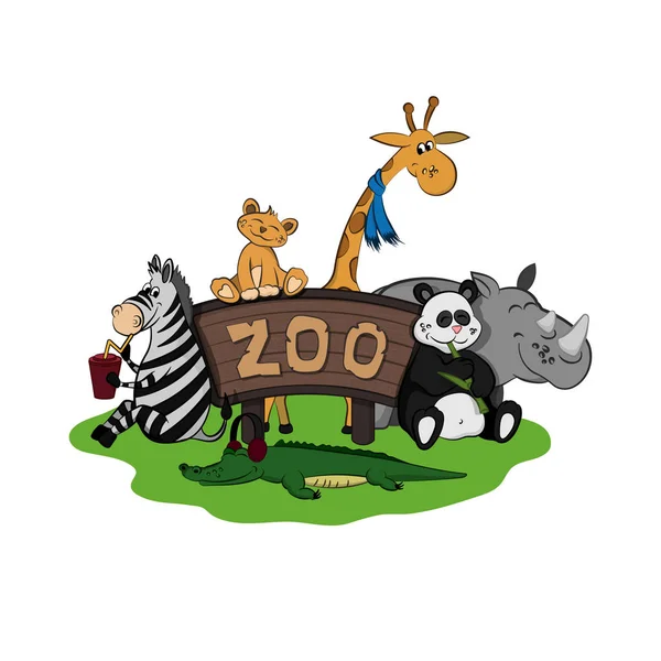 Animales del zoológico. Conjunto de imágenes lindas en estilo de dibujos animados. Personaje lindo aislado — Vector de stock