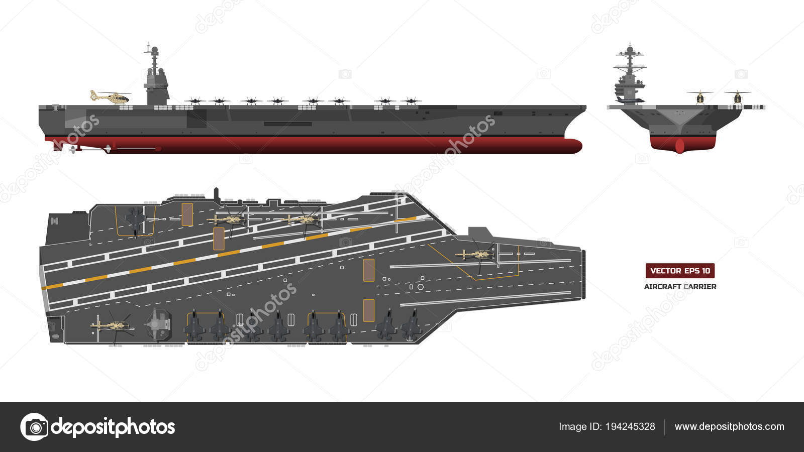 Detailed image of aircraft carrier. Military ship. Top front and