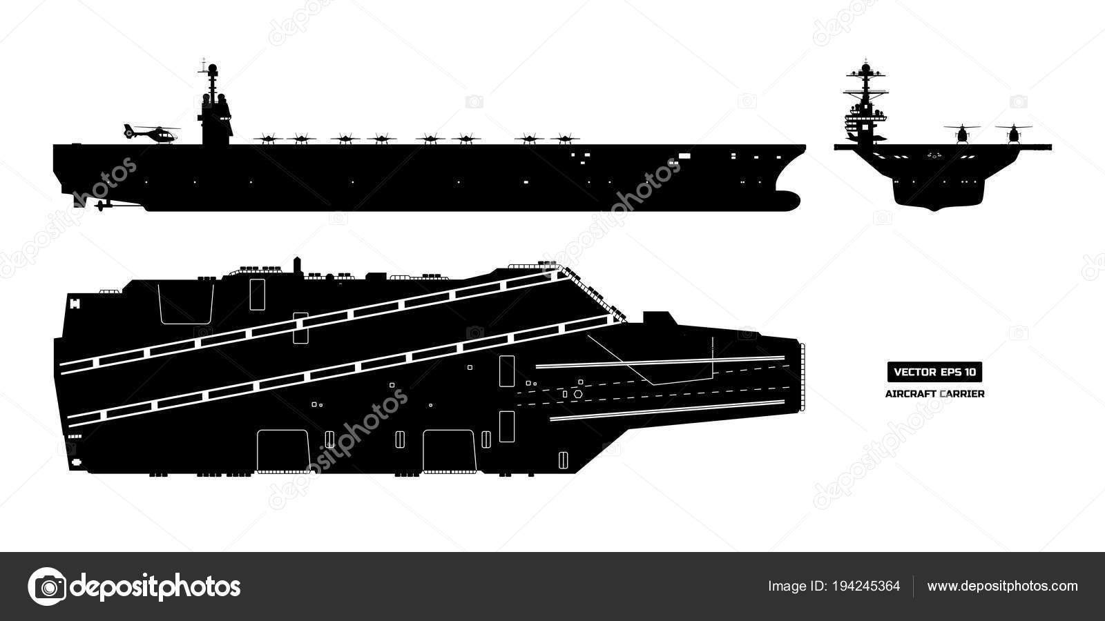 Silhouette of aircraft carrier. Military ship. Top, front and side view