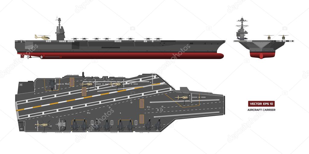 Detailed image of aircraft carrier. Military ship. Top, front and side view. Battleship model. Industrial drawing. Warship in flat style