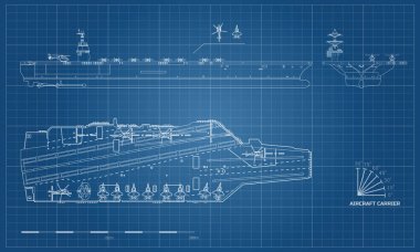 Blueprint uçak gemisi. Askeri gemi. En iyi, ön ve yan görünümü. Savaş modeli. Anahat tarzı savaş gemisi