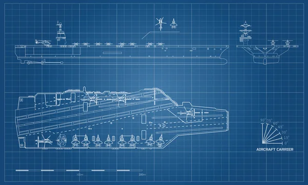 Entwurf eines Flugzeugträgers. Militärschiff. von oben, von vorne und von der Seite. Schlachtschiff-Modell. Kriegsschiff im Umrissstil — Stockvektor