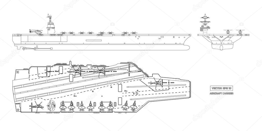 Outline image of aircraft carrier. Military ship. Top, front and side view. Battleship model. Warship in flat style