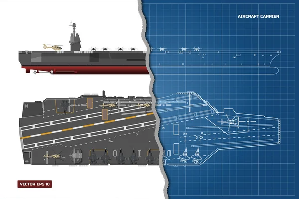 Plano del portaaviones. Nave militar. Vista superior, frontal y lateral. Modelo de acorazado. Dibujo industrial. Buque de guerra en estilo bosquejo — Vector de stock