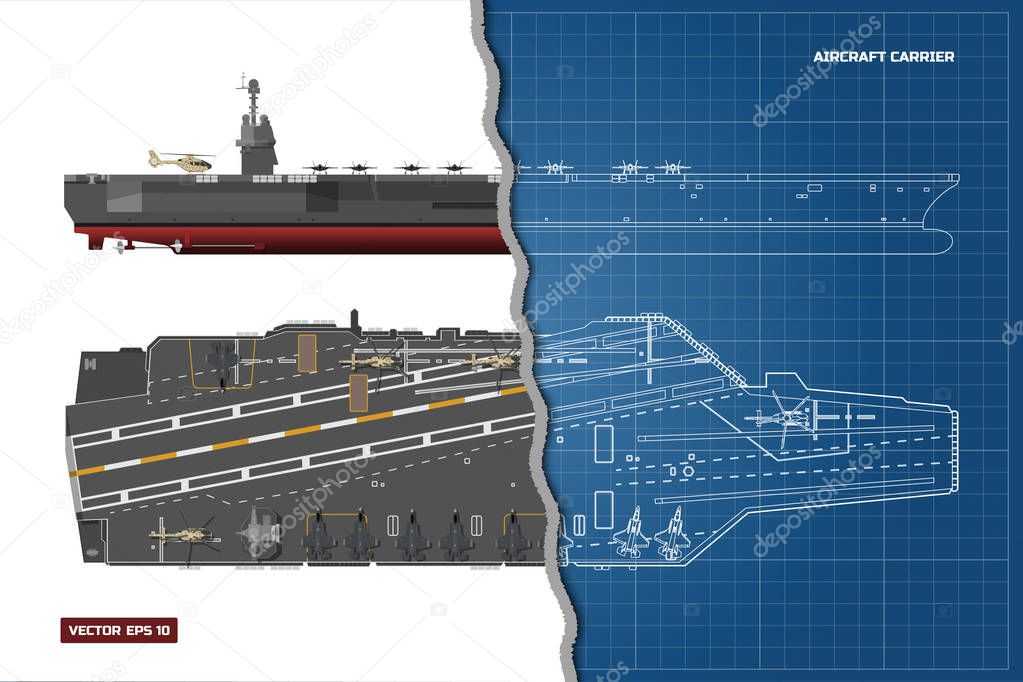 Blueprint of aircraft carrier. Military ship. Top, front and side view. Battleship model. Industrial drawing. Warship in outline style