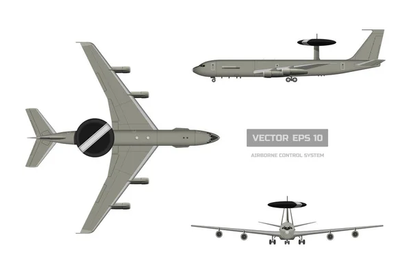 Image 3D d'un avion militaire. Dessus, vue sur le jet avant et latéral. Avion de l'armée avec système aéroporté d'alerte et de contrôle. Dessin industriel isolé — Image vectorielle