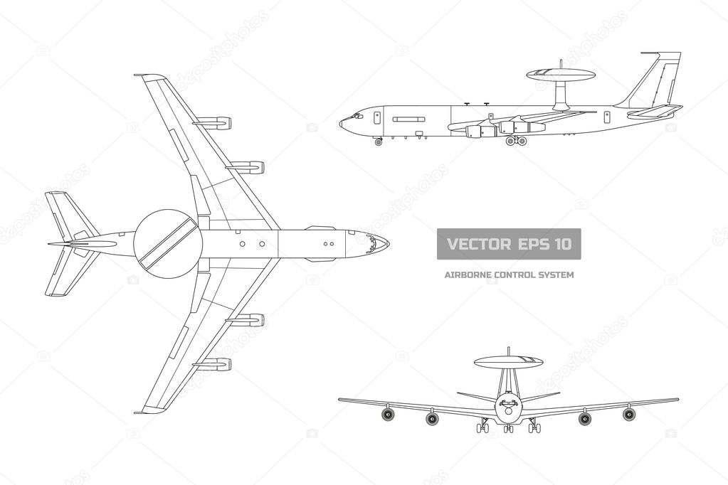 Outline blueprint of military aircraft. Top, front and side jet view. Army airplane with airborne warning and control system.  Industrial isolated drawing