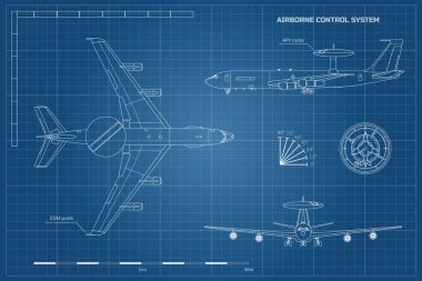 Anahat blueprint askeri uçak. Üst, ön ve yan görünümü jet. Ordu uçak hava uyarı ve kontrol sistemi ile. Çizim izole sanayi