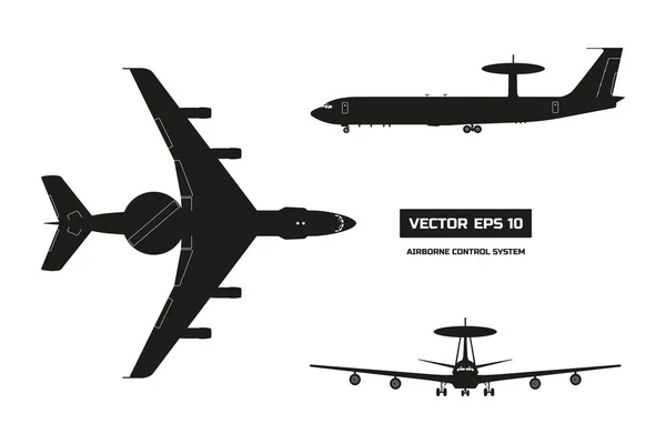 Silhueta de aviões militares. Visão de jato superior, frontal e lateral. Avião do Exército com sistema de aviso e controle aéreo. Desenho isolado industrial —  Vetores de Stock